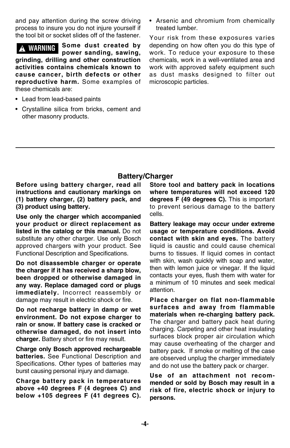 Battery/charger, Warning | Bosch 23612 User Manual | Page 4 / 14