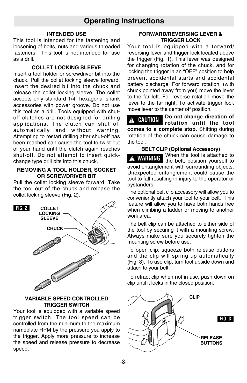 Operating instructions, Warning, Caution | Bosch 23612 User Manual | Page 8 / 14
