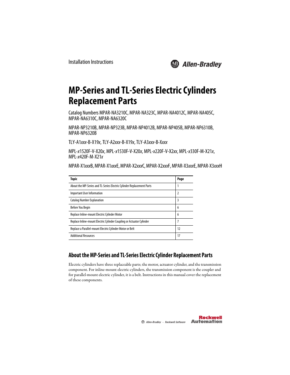 Rockwell Automation TLAR Electric Cylinders Replacement  User Manual | 20 pages