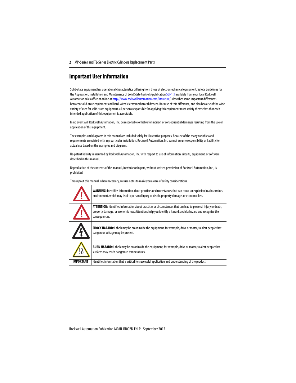 Important user information | Rockwell Automation TLAR Electric Cylinders Replacement  User Manual | Page 2 / 20