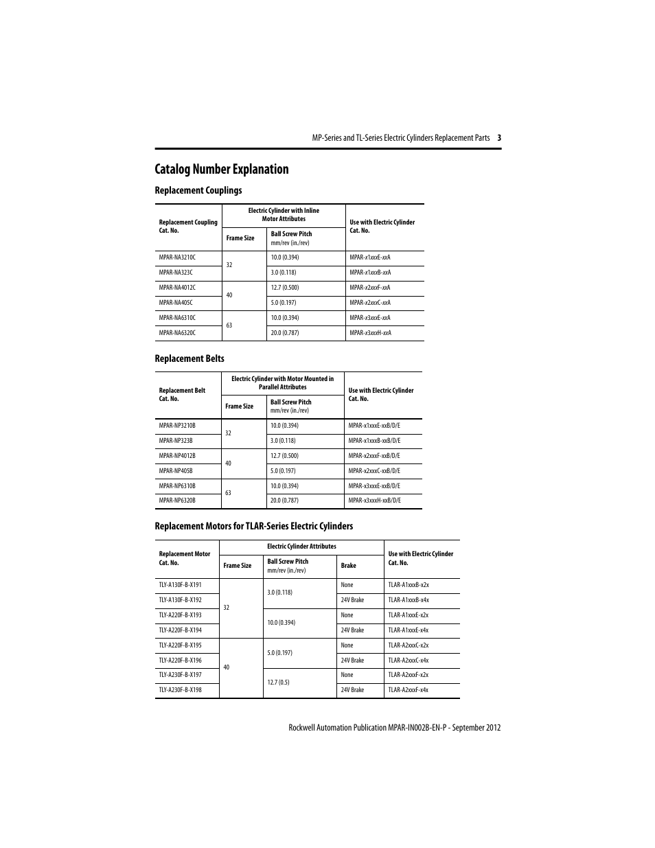 Catalog number explanation, Replacement couplings, Replacement belts | Rockwell Automation TLAR Electric Cylinders Replacement  User Manual | Page 3 / 20