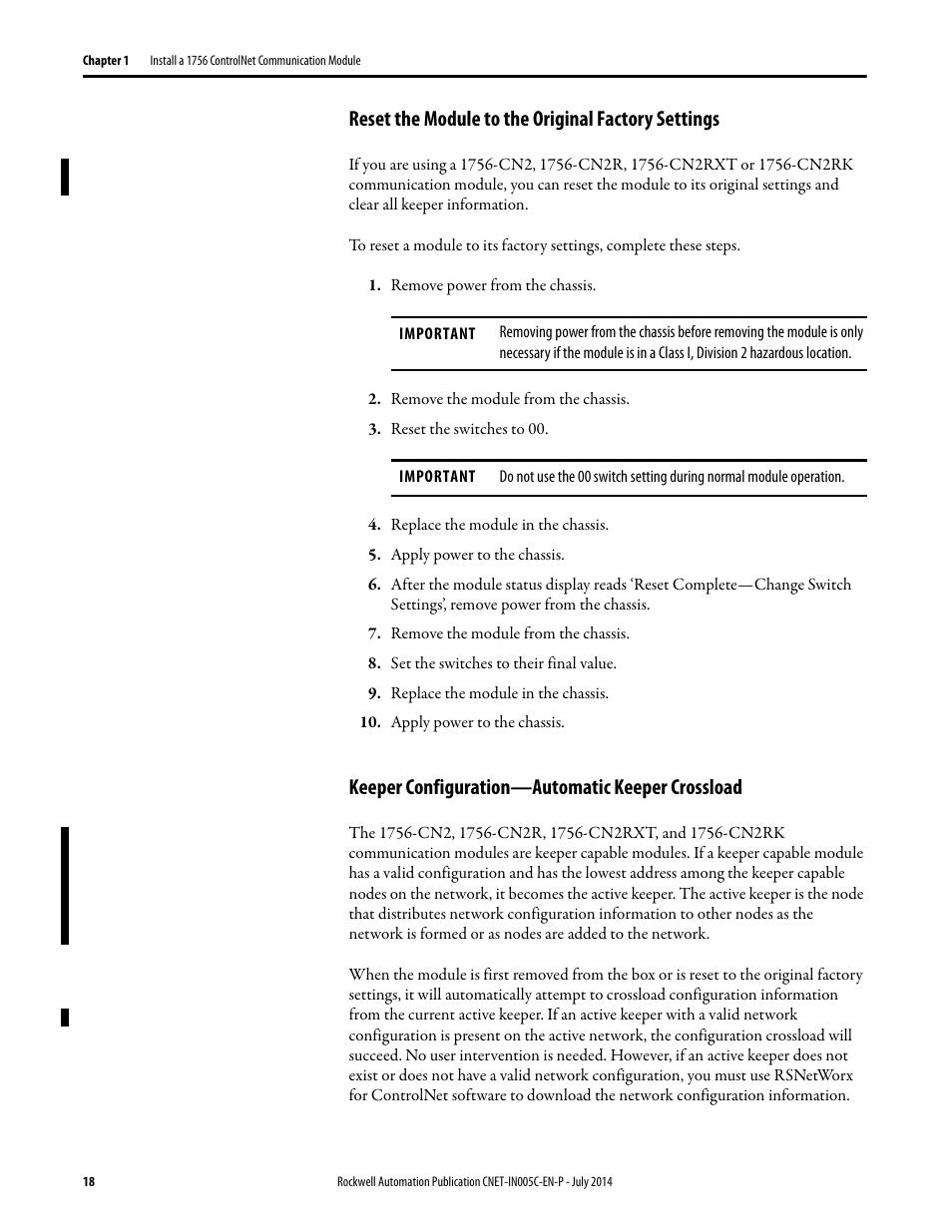 Reset the module to the original factory settings, Keeper configuration—automatic keeper crossload | Rockwell Automation 1768-CNxxx ControlNet Communication Modules User Manual | Page 18 / 58
