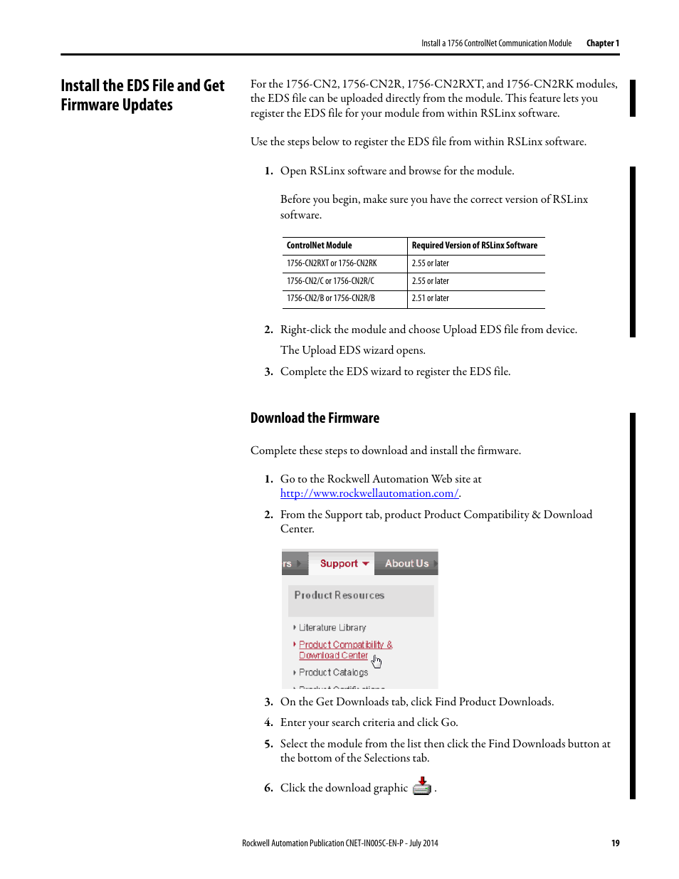 Install the eds file and get firmware updates, Download the firmware | Rockwell Automation 1768-CNxxx ControlNet Communication Modules User Manual | Page 19 / 58