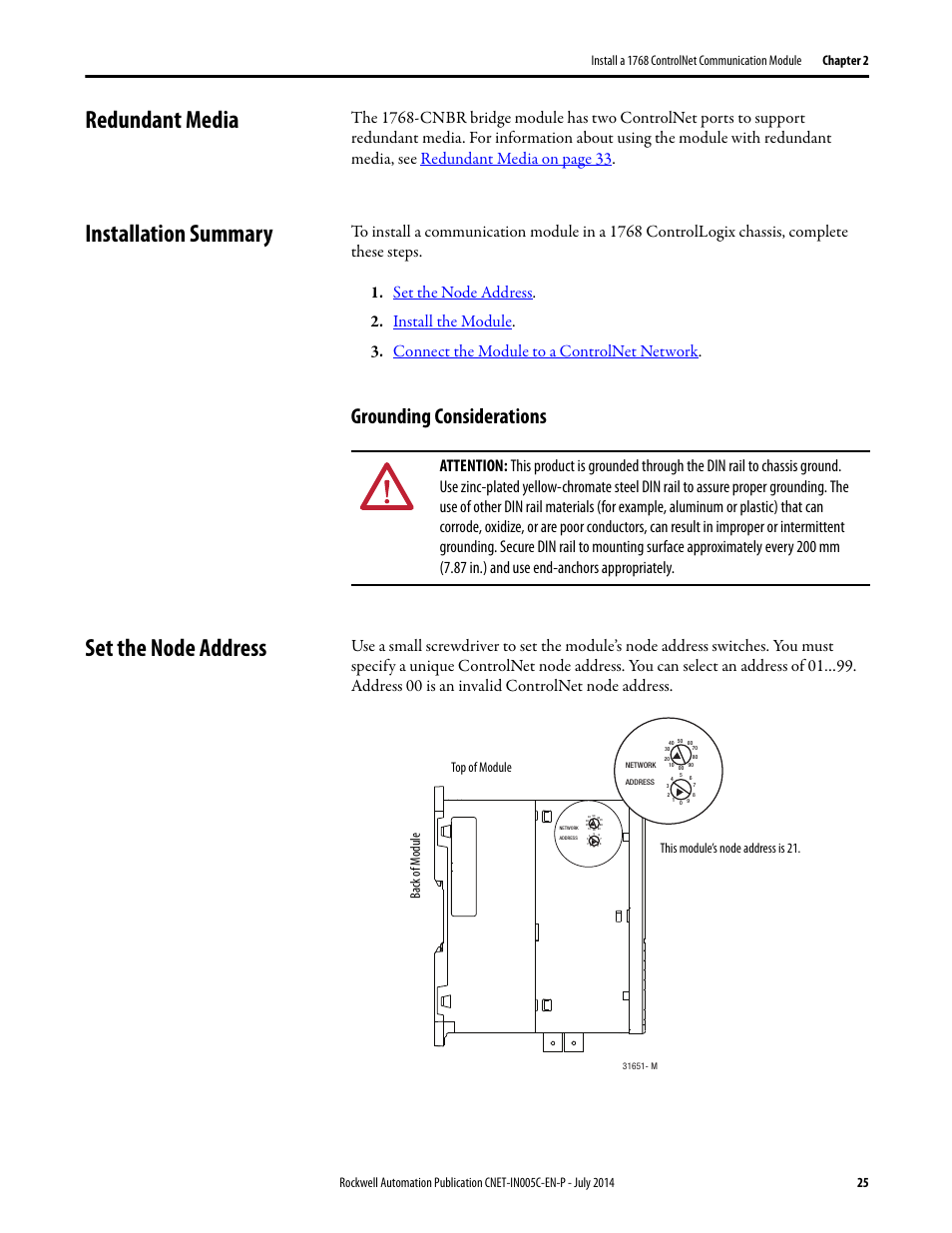 Redundant media, Installation summary, Grounding considerations | Set the node address, Redundant media installation summary | Rockwell Automation 1768-CNxxx ControlNet Communication Modules User Manual | Page 25 / 58
