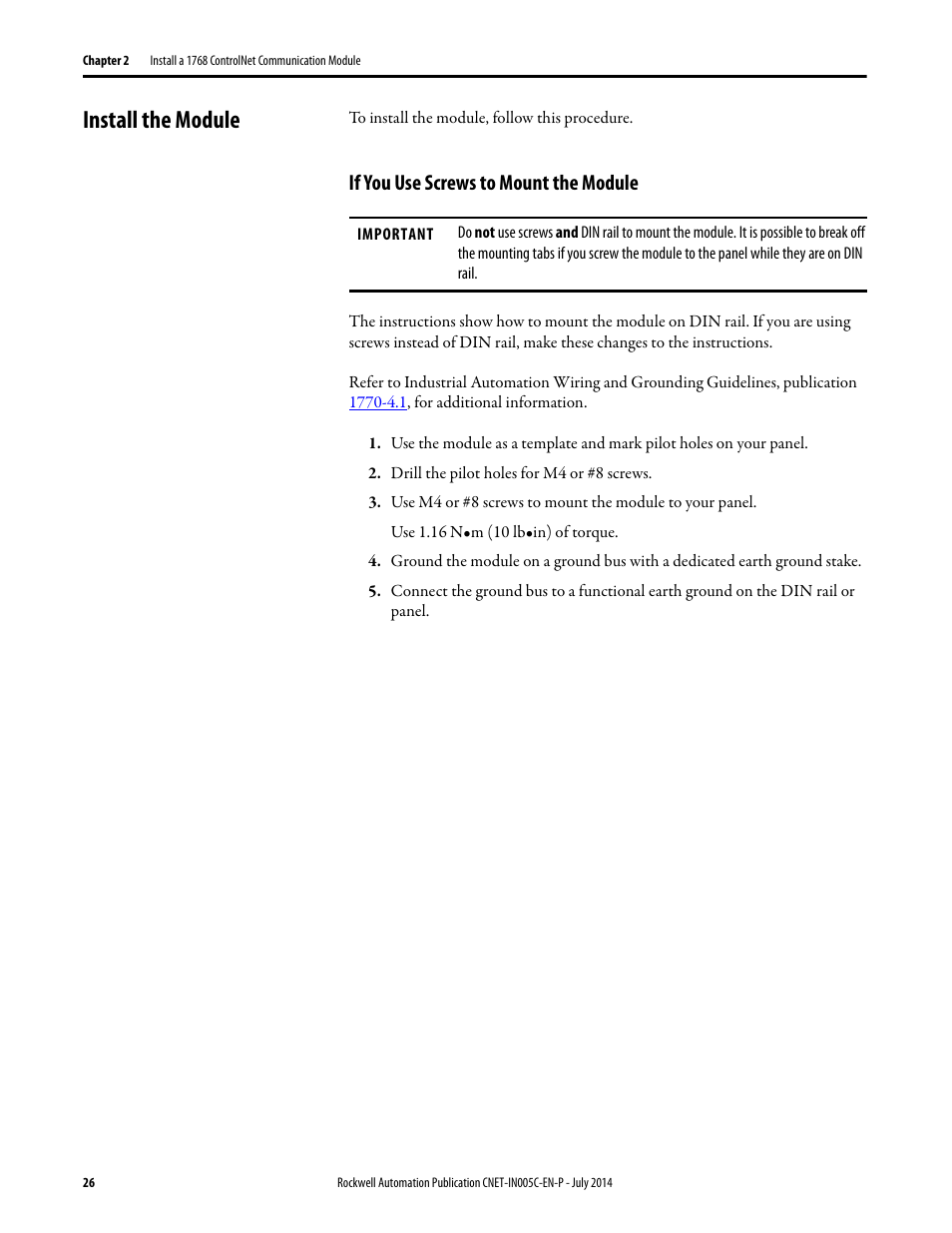 Install the module, If you use screws to mount the module | Rockwell Automation 1768-CNxxx ControlNet Communication Modules User Manual | Page 26 / 58