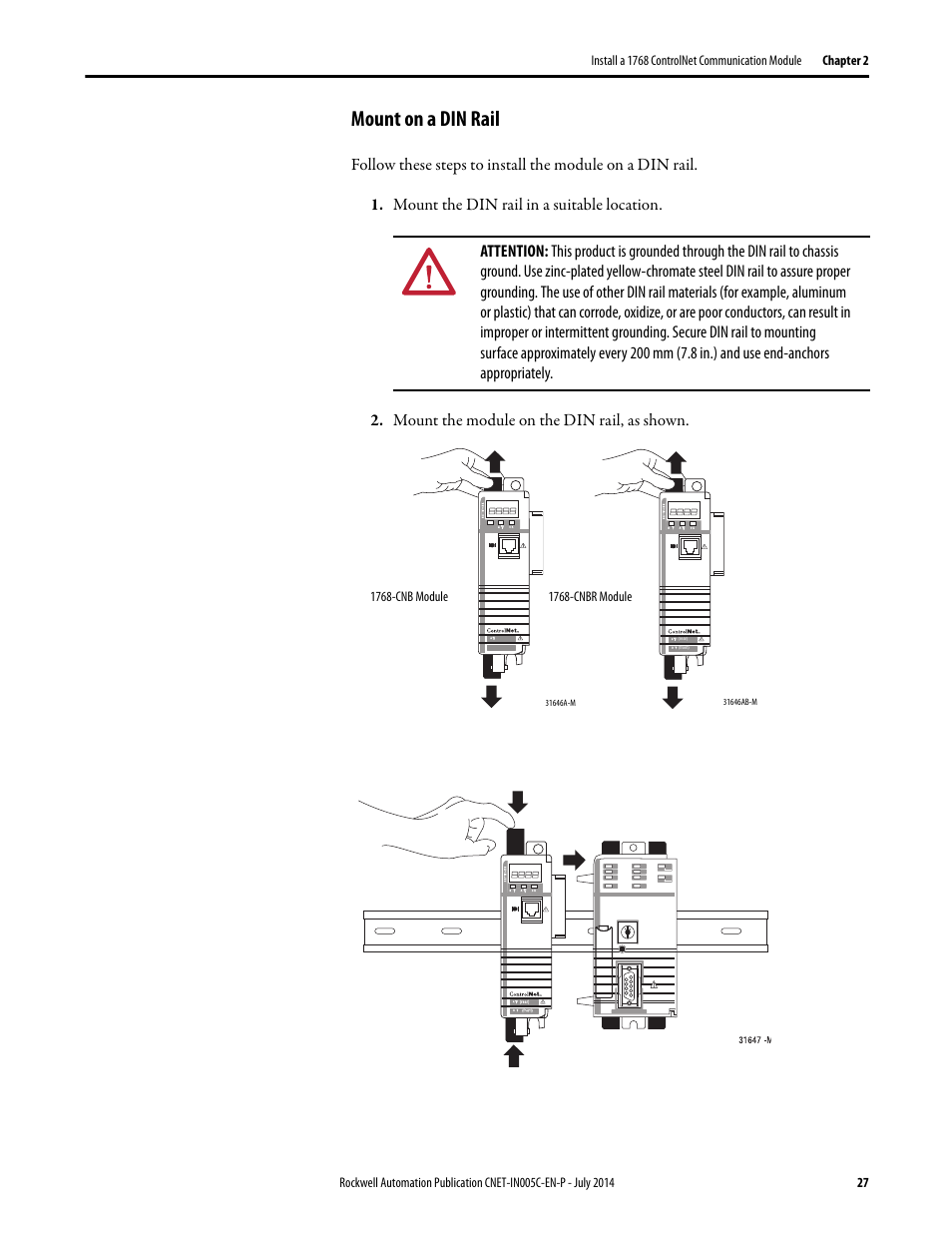 Mount on a din rail | Rockwell Automation 1768-CNxxx ControlNet Communication Modules User Manual | Page 27 / 58