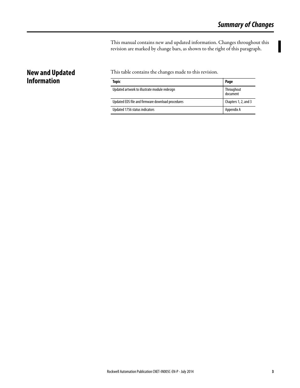 Summary of changes, New and updated information | Rockwell Automation 1768-CNxxx ControlNet Communication Modules User Manual | Page 3 / 58