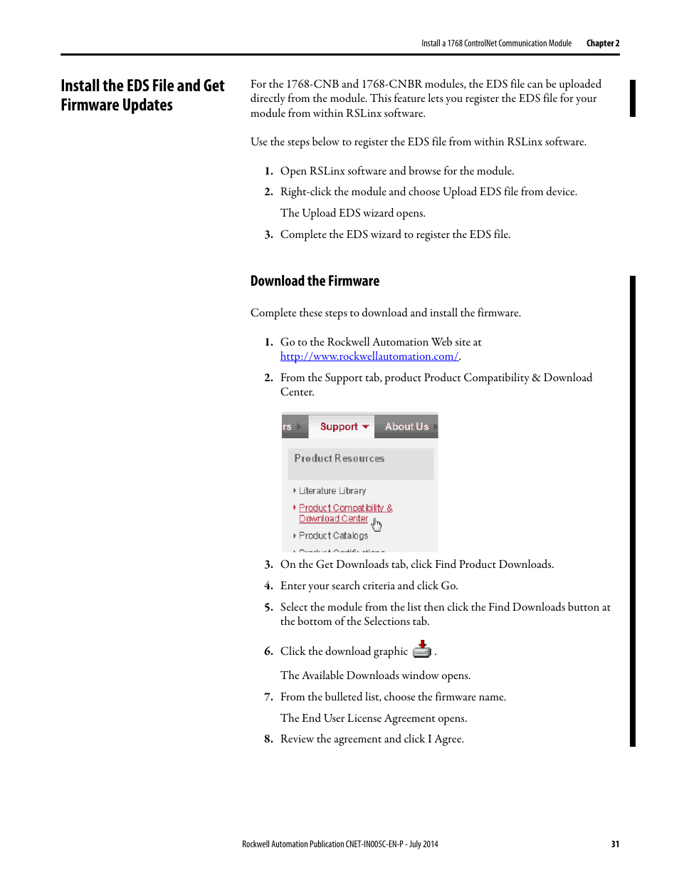 Install the eds file and get firmware updates, Download the firmware | Rockwell Automation 1768-CNxxx ControlNet Communication Modules User Manual | Page 31 / 58