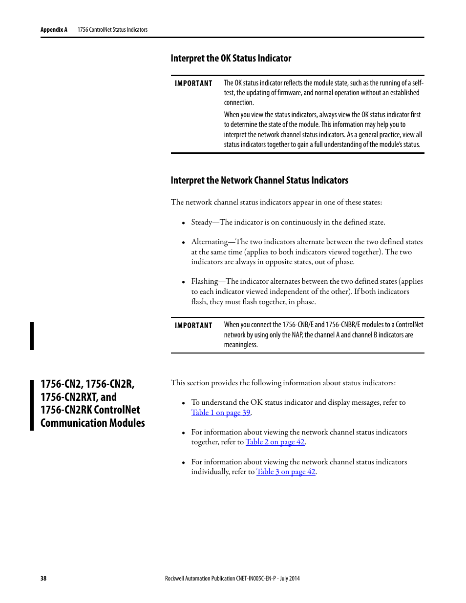 Interpret the ok status indicator, Interpret the network channel status indicators | Rockwell Automation 1768-CNxxx ControlNet Communication Modules User Manual | Page 38 / 58