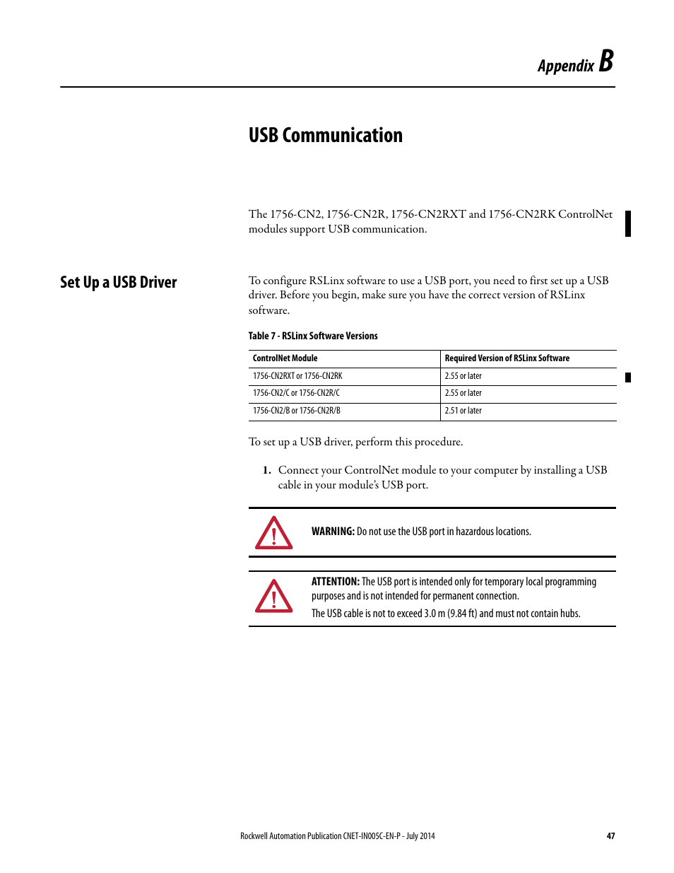 B - usb communication, Set up a usb driver, Appendix b | Usb communication, Appendix | Rockwell Automation 1768-CNxxx ControlNet Communication Modules User Manual | Page 47 / 58