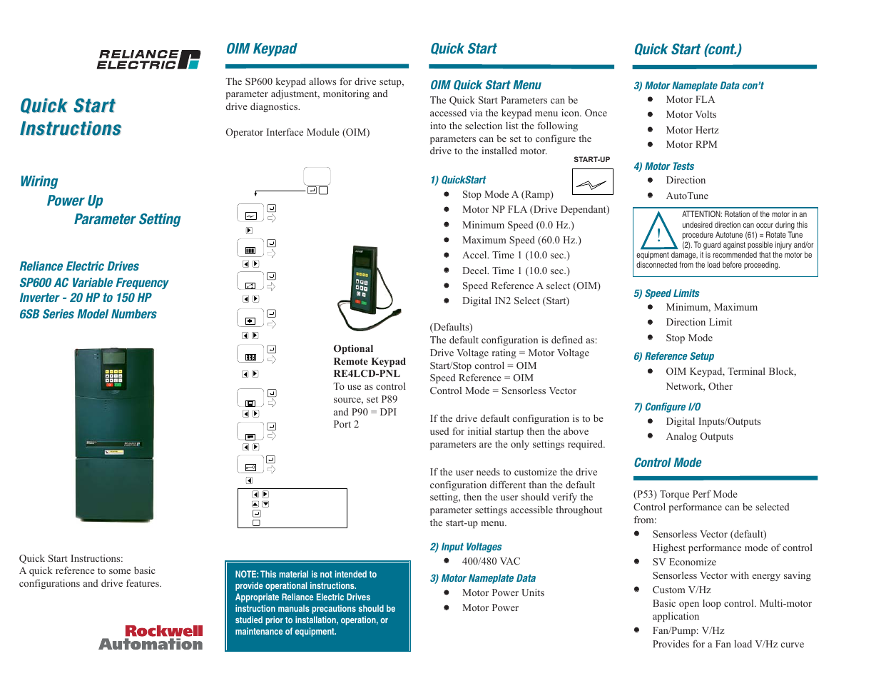Rockwell Automation SP600 Quick Start 20-150HP User Manual | 4 pages