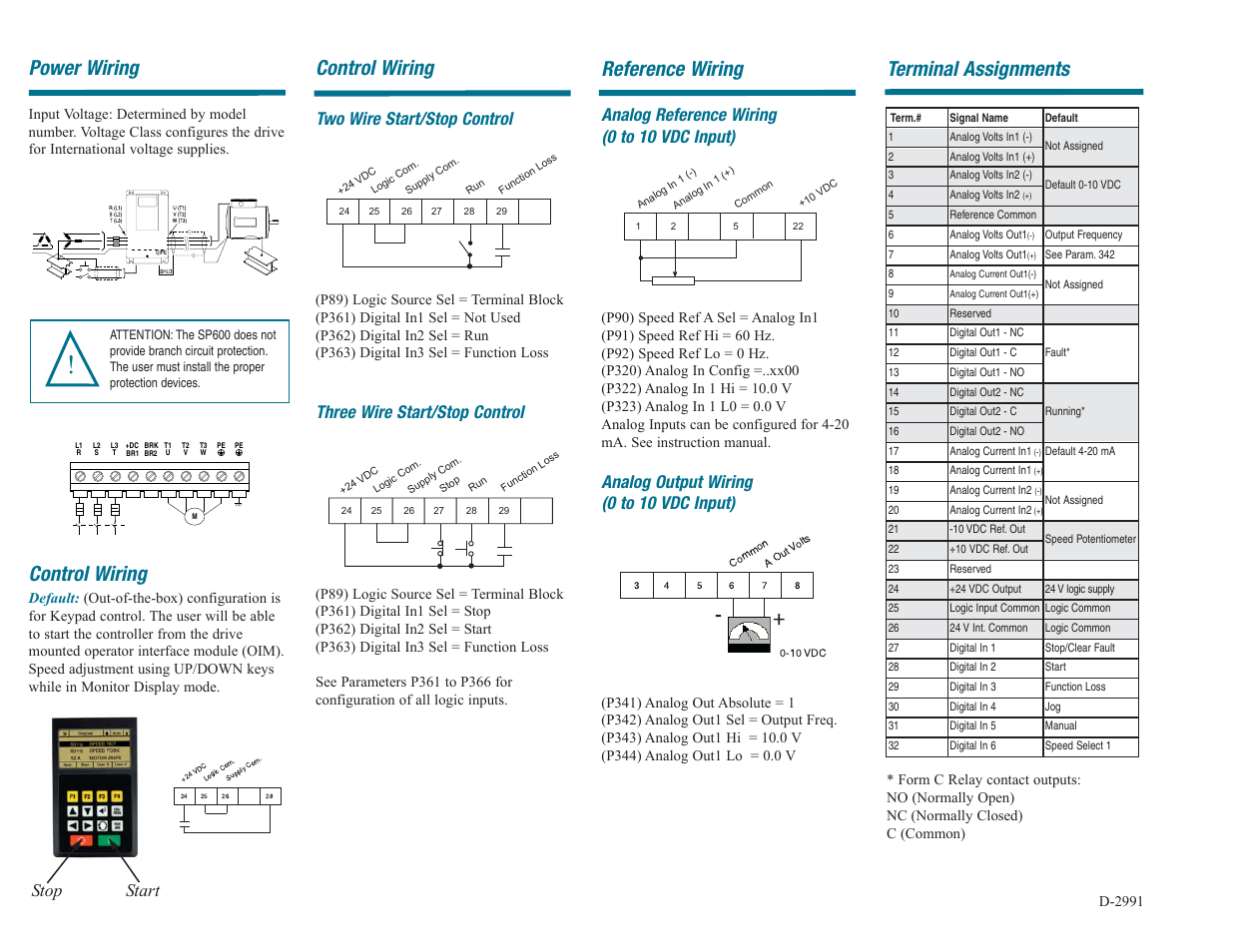 Power wiring, Control wiring, Terminal assignments | Reference wiring, Analog reference wiring (0 to 10 vdc input), Analog output wiring (0 to 10 vdc input), Two wire start/stop control, Three wire start/stop control, Stop start | Rockwell Automation SP600 Quick Start 20-150HP User Manual | Page 2 / 4