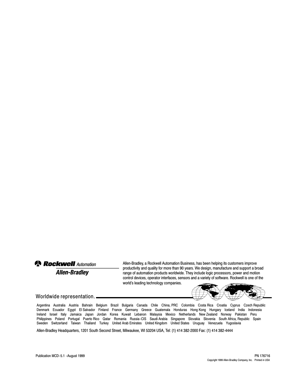 Back cover, Worldwide representation | Rockwell Automation 8520-OM Offline Development System Software User Manual | Page 100 / 100