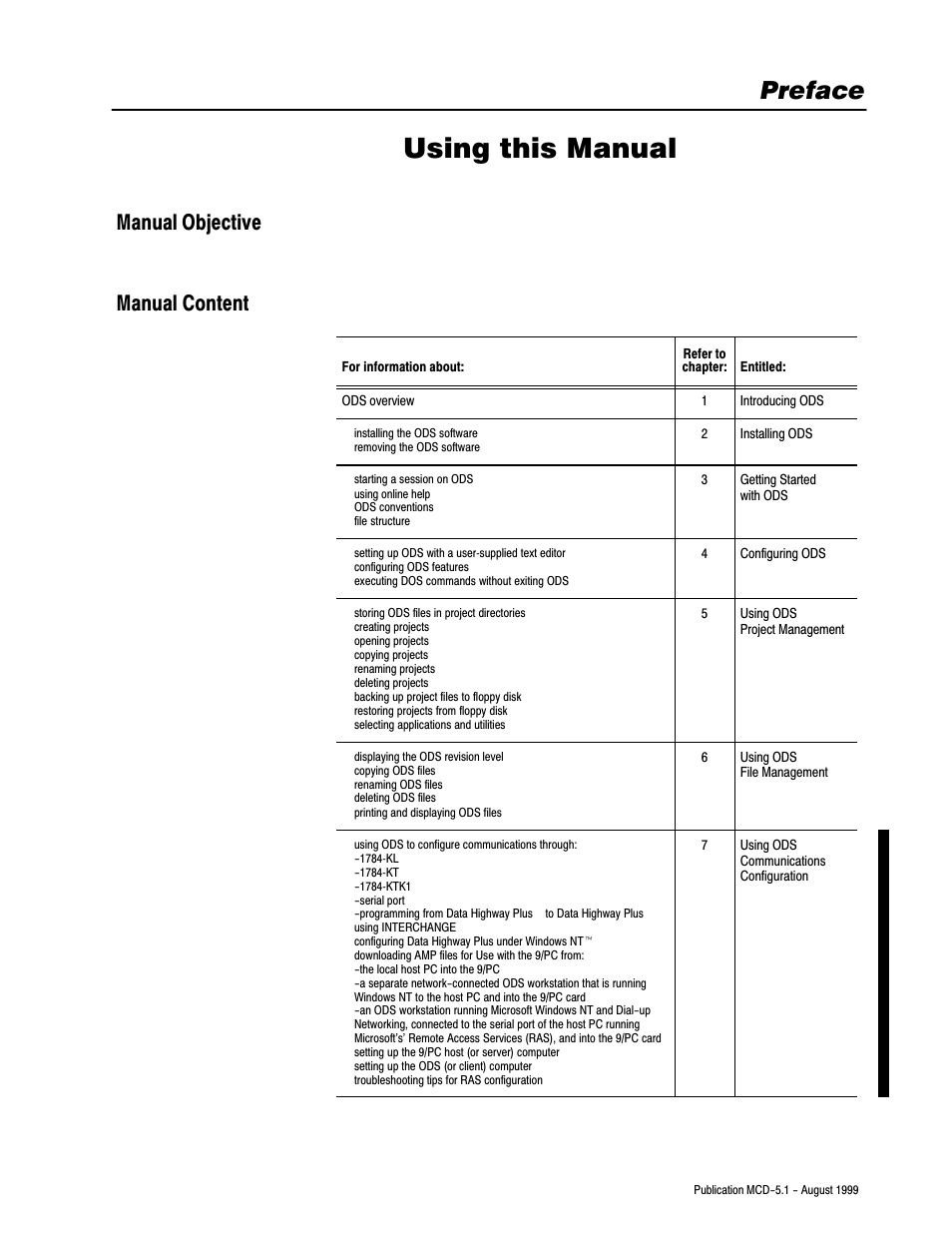 Preface - using this manual, Manual objective, Manual content | Using this manual, Preface, Manual objective manual content | Rockwell Automation 8520-OM Offline Development System Software User Manual | Page 3 / 100