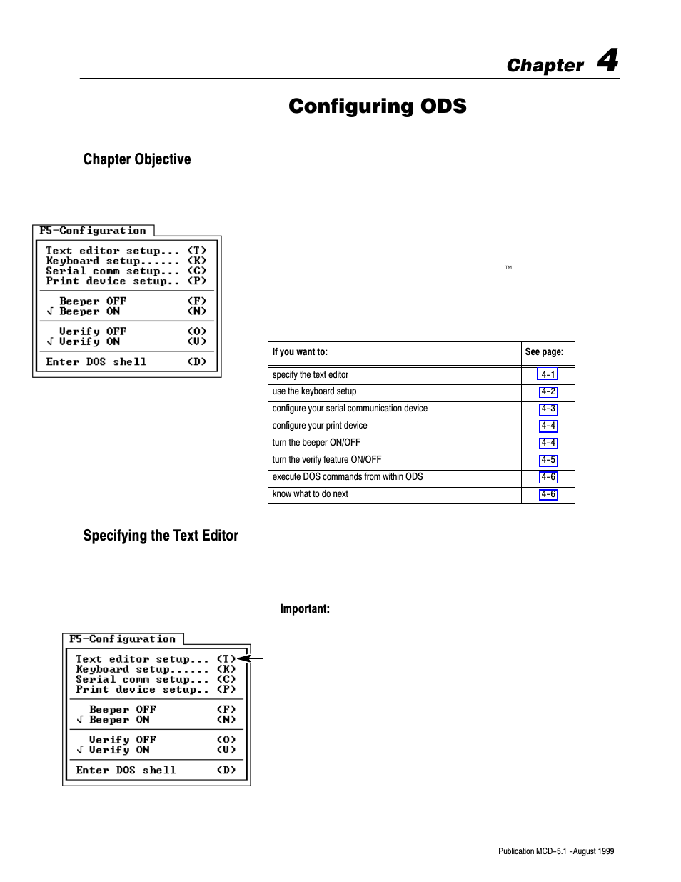 4 - configuring ods, Chapter objective, Specifying the text editor | Configuring ods, Chapter, Chapter objective specifying the text editor | Rockwell Automation 8520-OM Offline Development System Software User Manual | Page 36 / 100