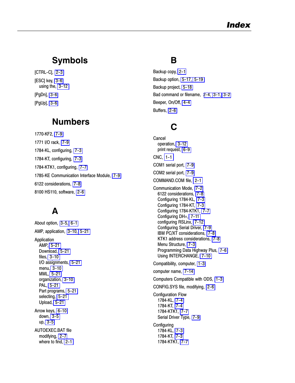 Index, Symbols, Numbers | Rockwell Automation 8520-OM Offline Development System Software User Manual | Page 96 / 100