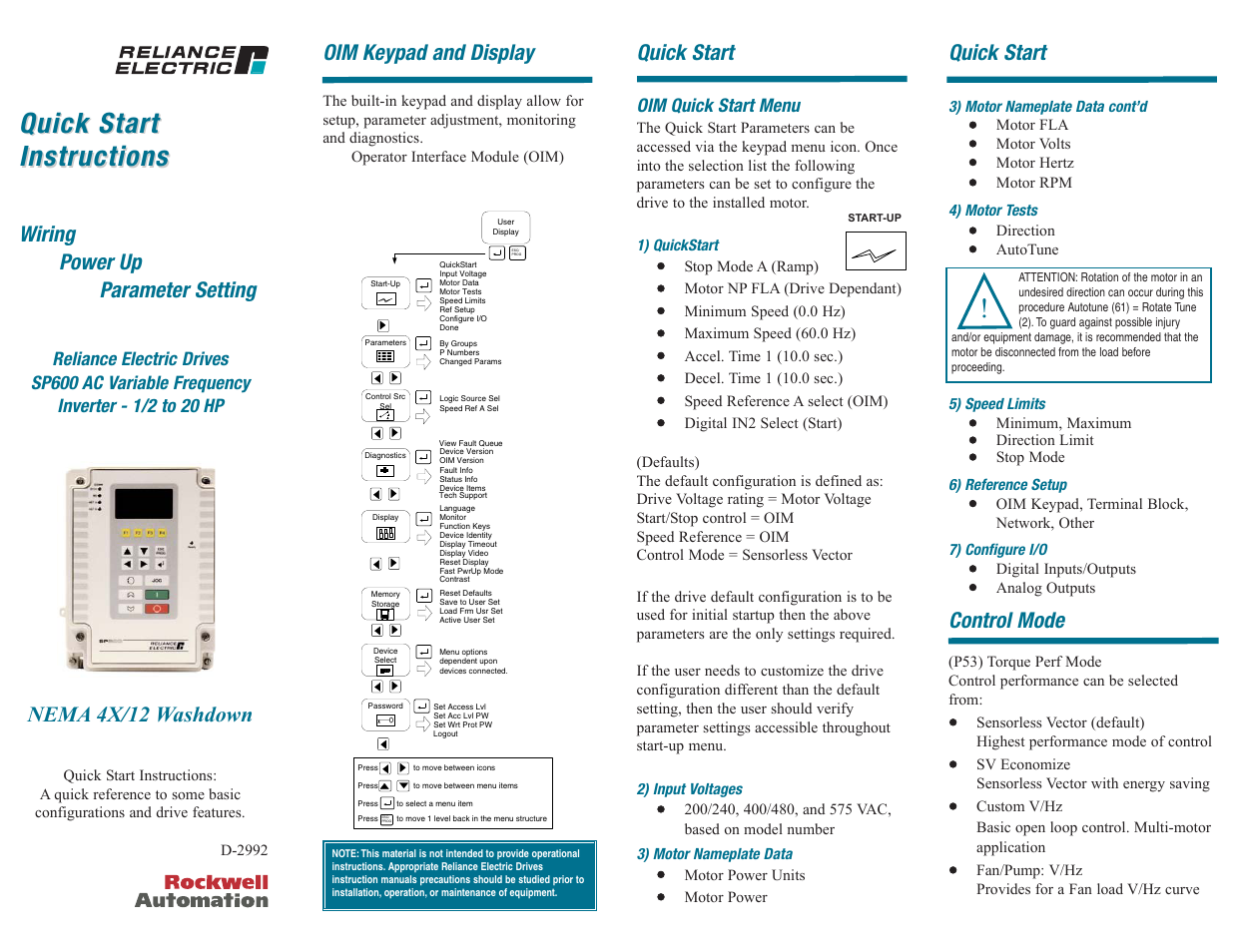 Rockwell Automation SP600 Quick Start 1/2-20HP NEMA 4X/12 User Manual | 4 pages