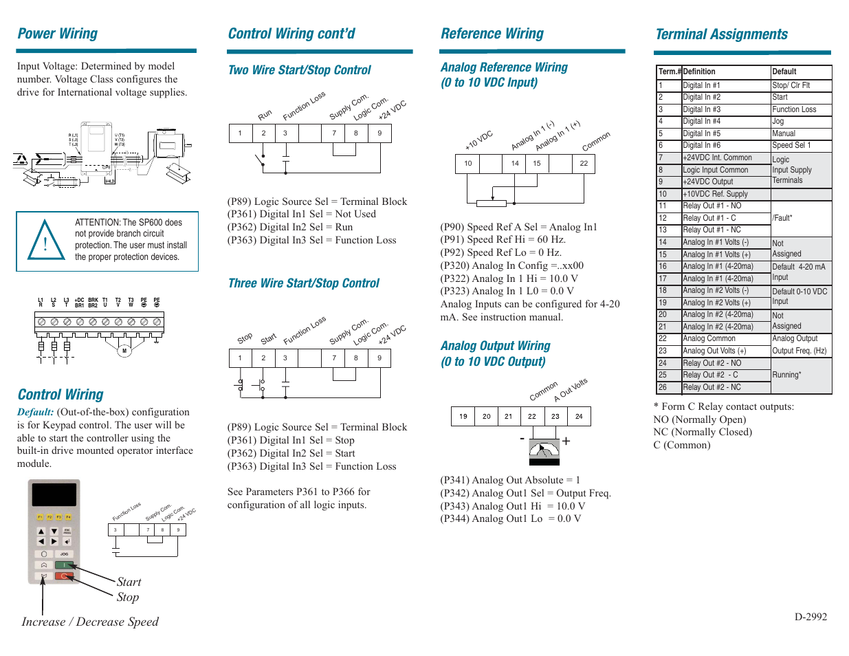 Terminal assignments, Reference wiring, Control wiring cont’d | Power wiring, Control wiring, Analog reference wiring (0 to 10 vdc input), Analog output wiring (0 to 10 vdc output), Two wire start/stop control, Three wire start/stop control, Start stop | Rockwell Automation SP600 Quick Start 1/2-20HP NEMA 4X/12 User Manual | Page 2 / 4
