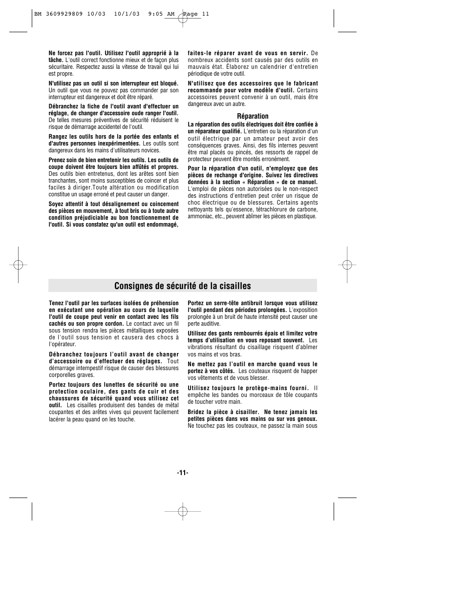 Consignes de sécurité de la cisailles | Bosch 1500C User Manual | Page 11 / 28