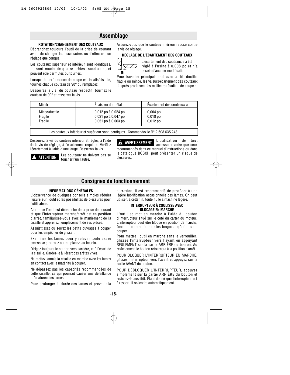 Consignes de fonctionnement assemblage | Bosch 1500C User Manual | Page 15 / 28