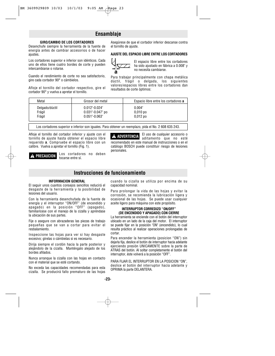 Instrucciones de funcionamiento, Ensamblaje a | Bosch 1500C User Manual | Page 23 / 28