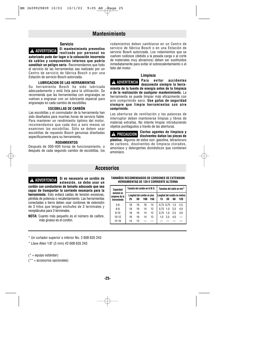 Mantenimiento, Accesorios | Bosch 1500C User Manual | Page 25 / 28
