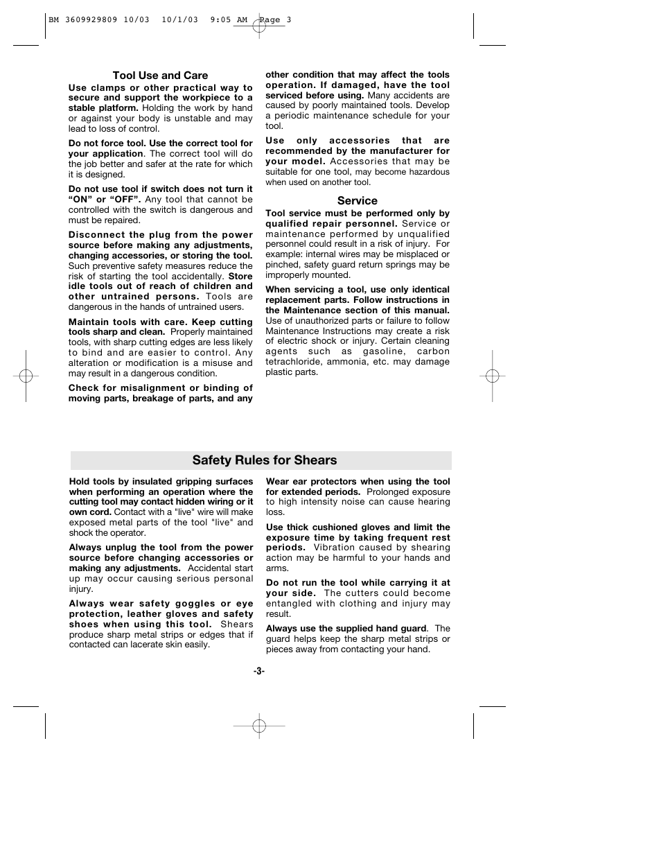 Safety rules for shears | Bosch 1500C User Manual | Page 3 / 28
