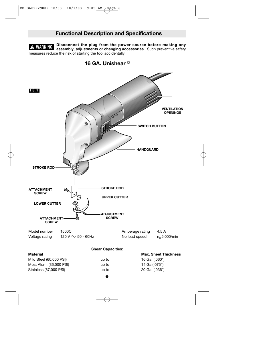 Functional description and specifications, 16 ga. unishear | Bosch 1500C User Manual | Page 6 / 28