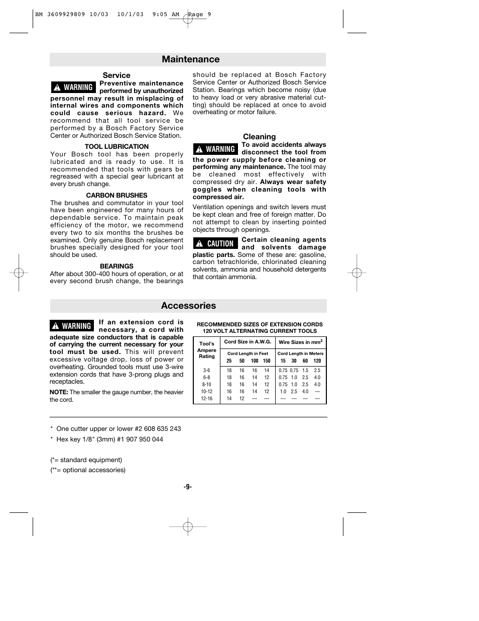 Maintenance, Accessories, Service | Cleaning, Warning, Caution | Bosch 1500C User Manual | Page 9 / 28
