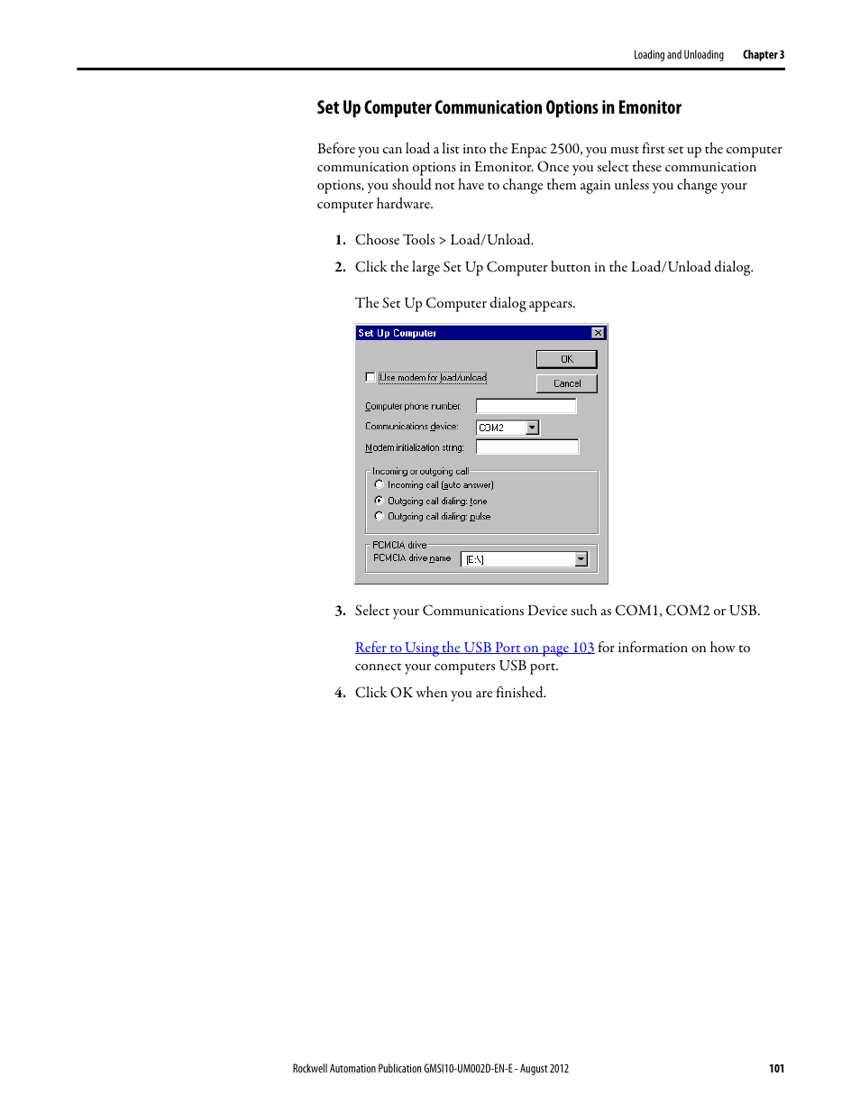 Set up computer communication options in emonitor | Rockwell Automation 1441-PEN25-Z Enpac 2500 Data Collector User Manual | Page 101 / 332