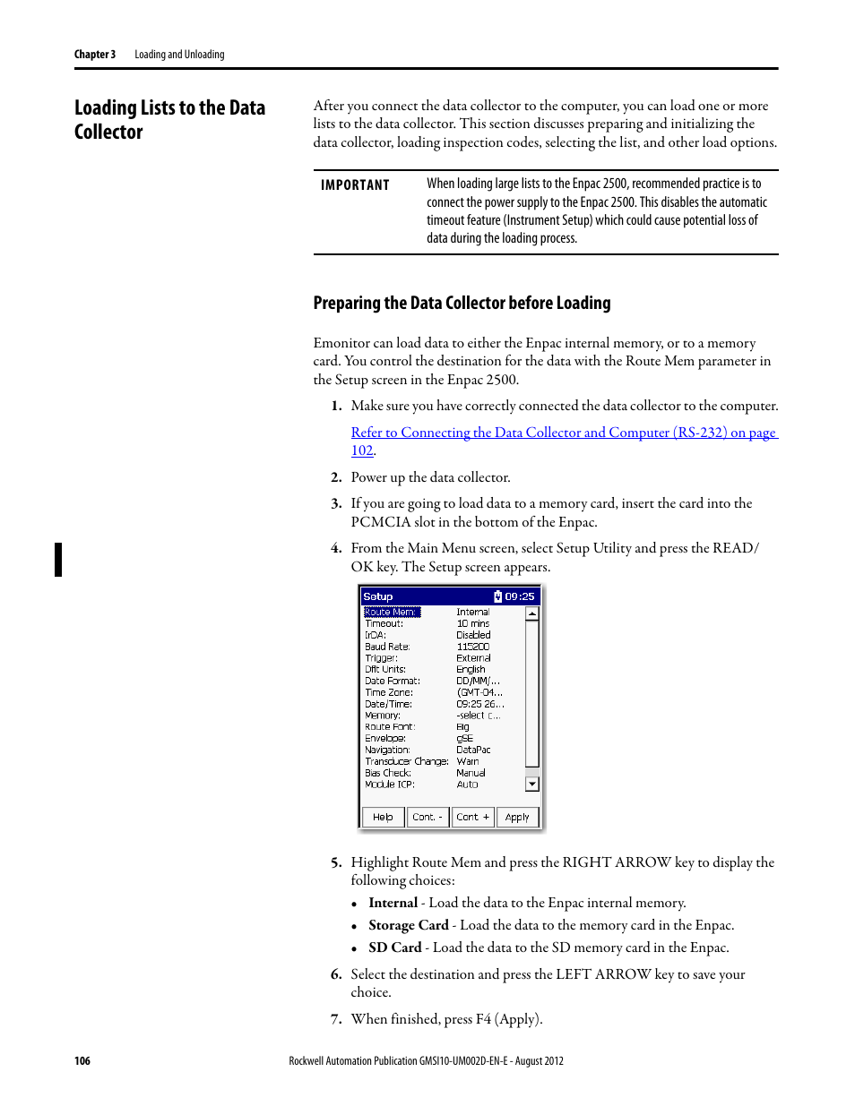 Loading lists to the data collector, Preparing the data collector before loading | Rockwell Automation 1441-PEN25-Z Enpac 2500 Data Collector User Manual | Page 106 / 332