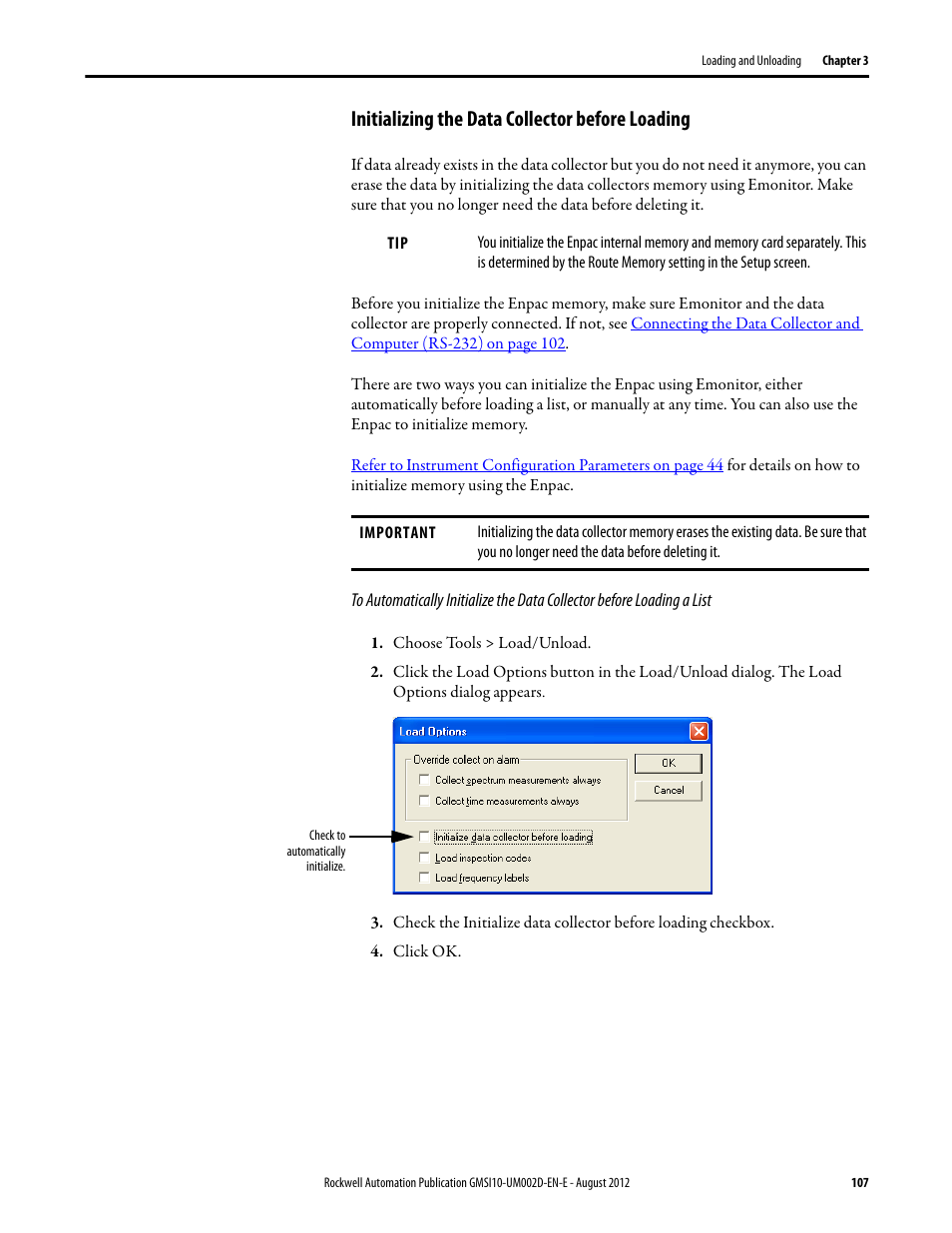 Initializing the data collector before loading | Rockwell Automation 1441-PEN25-Z Enpac 2500 Data Collector User Manual | Page 107 / 332