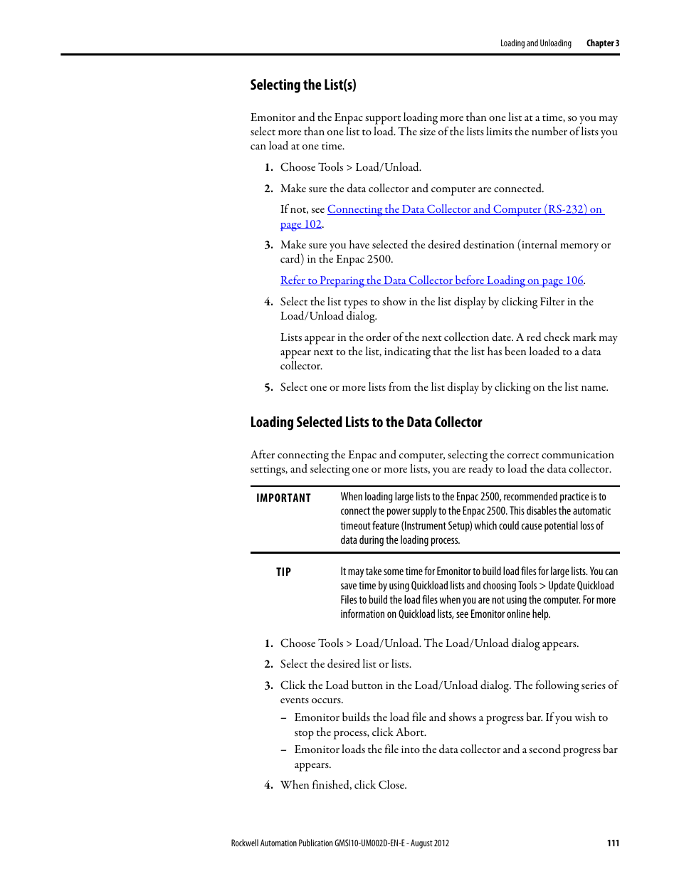 Selecting the list(s), Loading selected lists to the data collector | Rockwell Automation 1441-PEN25-Z Enpac 2500 Data Collector User Manual | Page 111 / 332