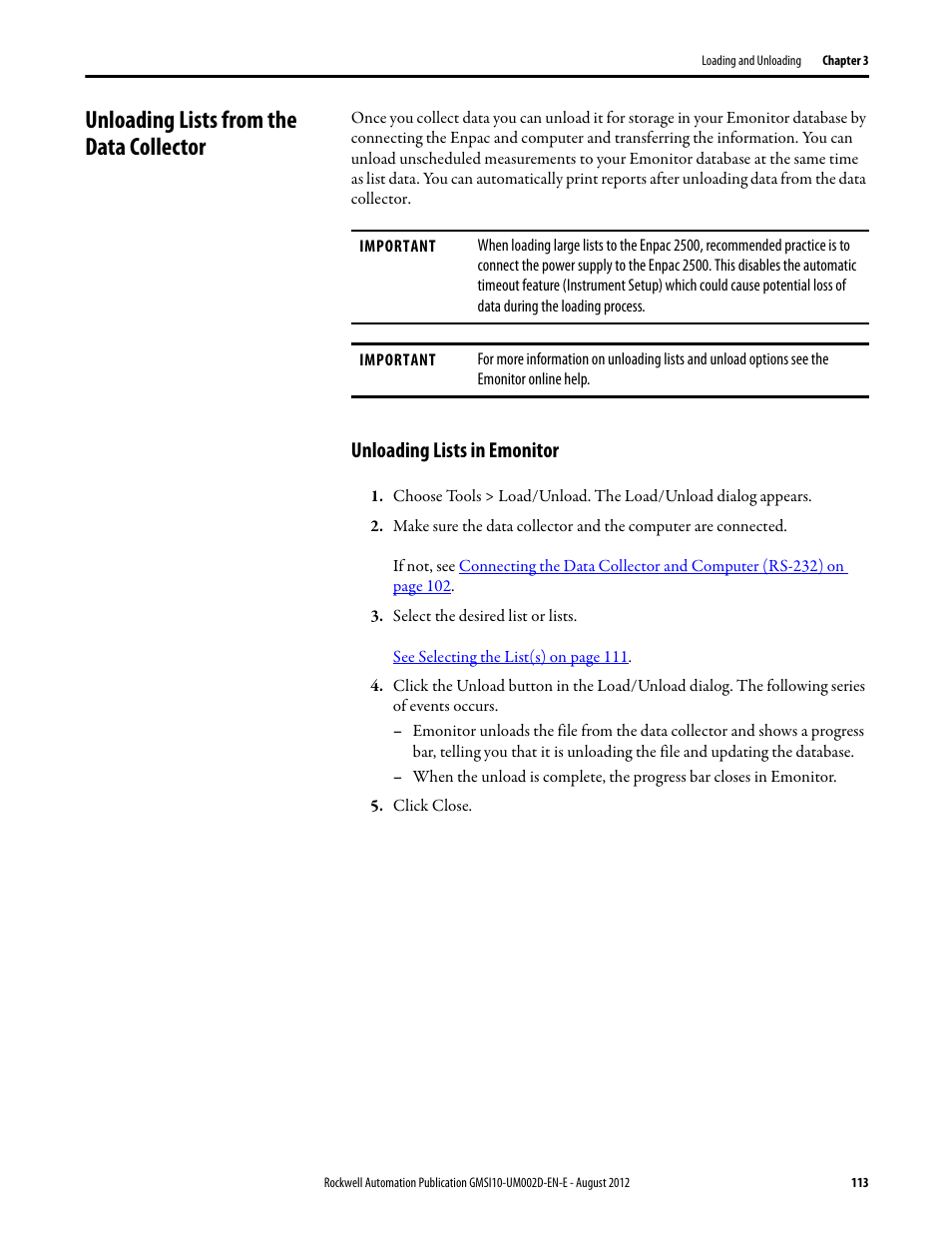 Unloading lists from the data collector, Unloading lists in emonitor | Rockwell Automation 1441-PEN25-Z Enpac 2500 Data Collector User Manual | Page 113 / 332