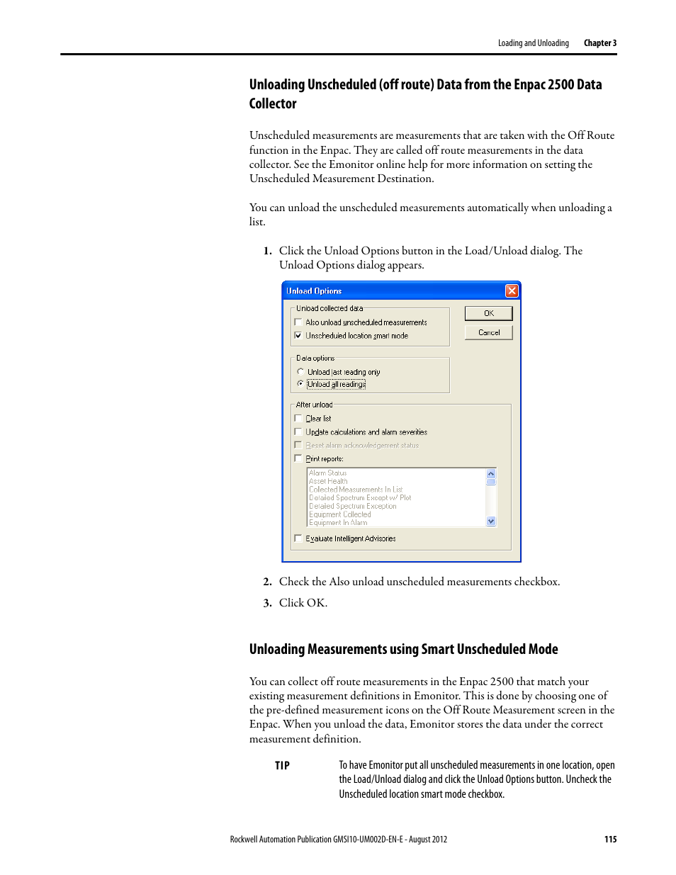 Unloading unscheduled (off route) data from the, Enpac 2500 data collector | Rockwell Automation 1441-PEN25-Z Enpac 2500 Data Collector User Manual | Page 115 / 332