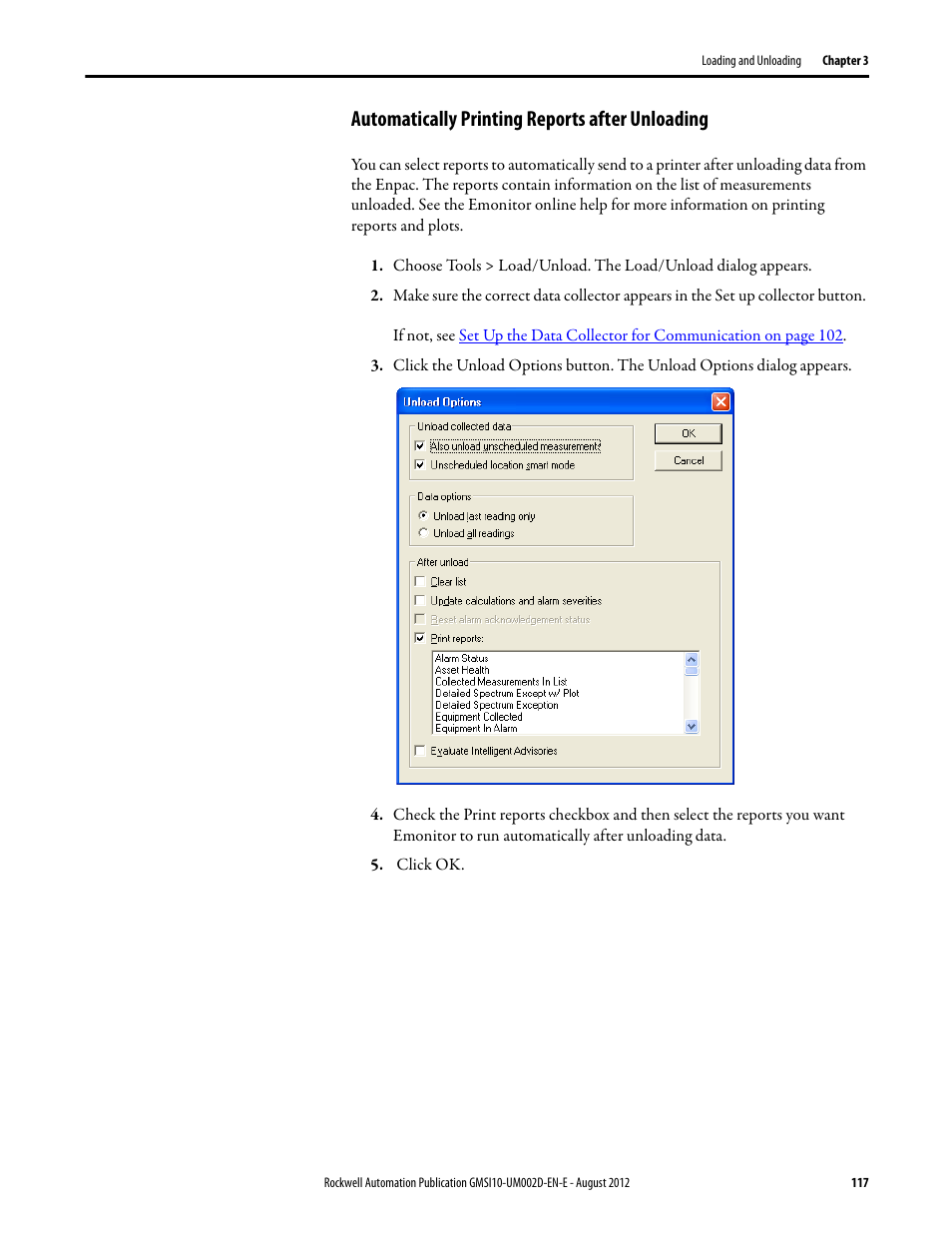 Automatically printing reports after unloading | Rockwell Automation 1441-PEN25-Z Enpac 2500 Data Collector User Manual | Page 117 / 332