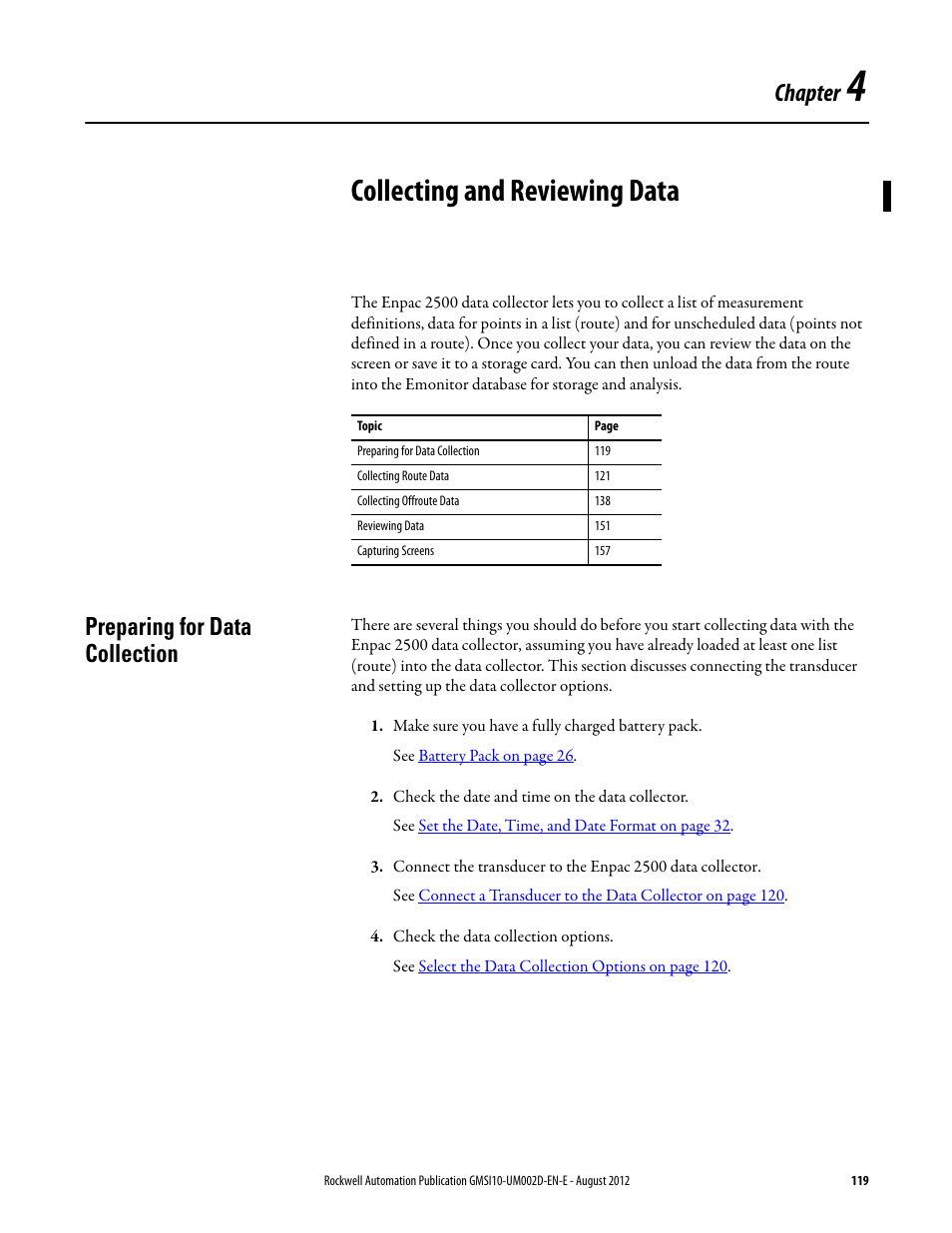 Collecting and reviewing data, Preparing for data collection, Chapter 4 | Chapter | Rockwell Automation 1441-PEN25-Z Enpac 2500 Data Collector User Manual | Page 119 / 332
