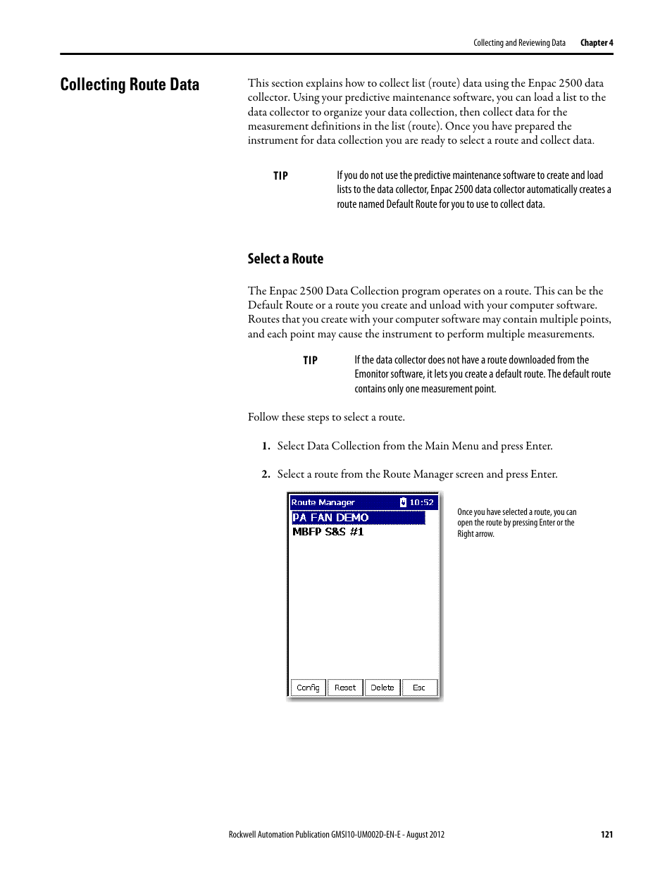 Collecting route data, Select a route | Rockwell Automation 1441-PEN25-Z Enpac 2500 Data Collector User Manual | Page 121 / 332