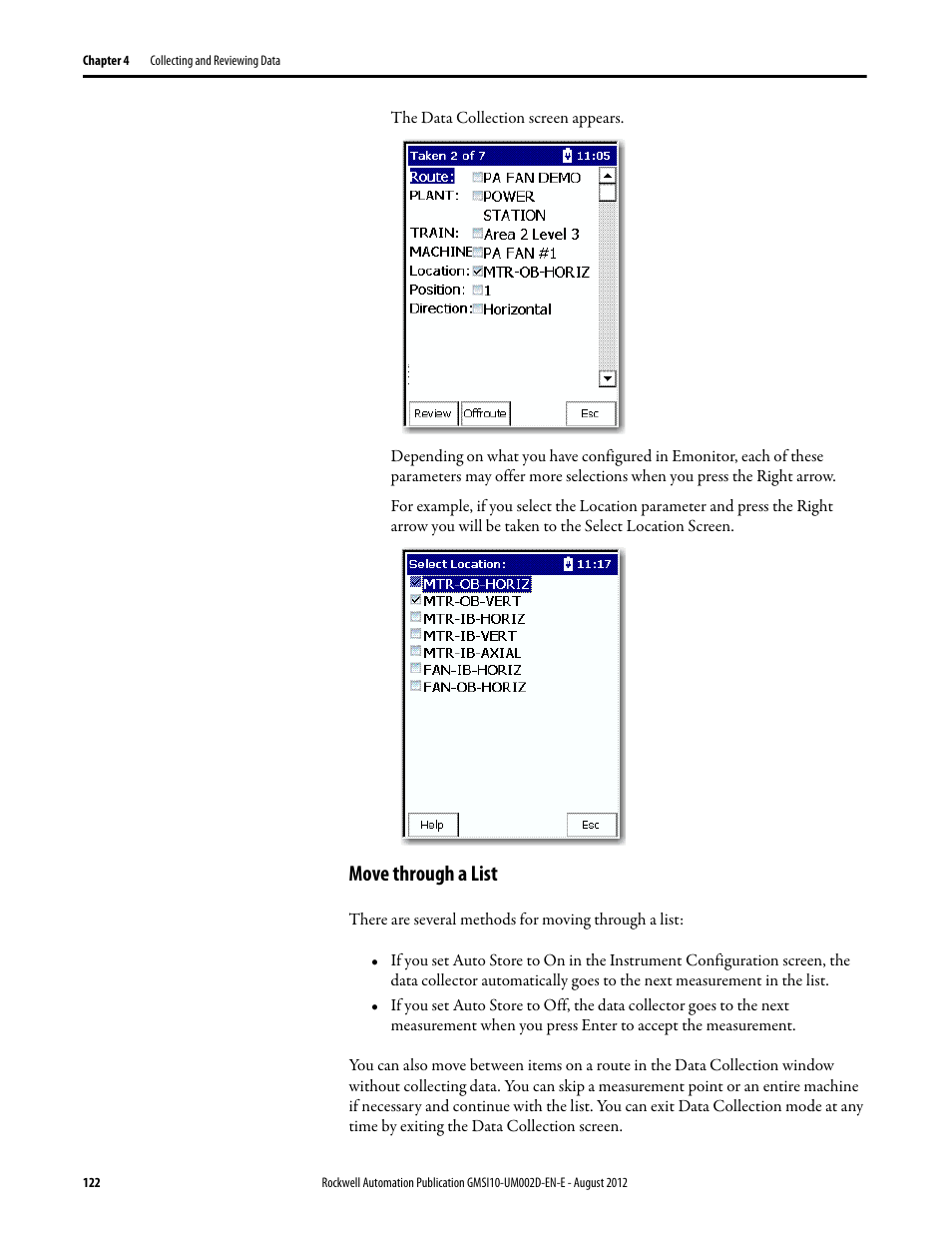 Move through a list | Rockwell Automation 1441-PEN25-Z Enpac 2500 Data Collector User Manual | Page 122 / 332