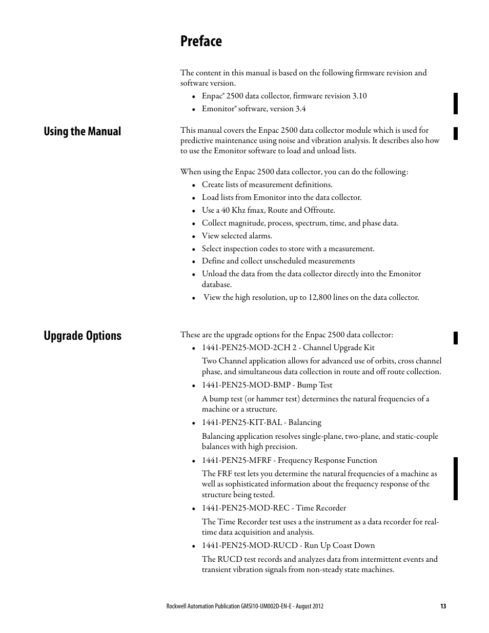 Preface, Using the manual, Upgrade options | Using the manual upgrade options | Rockwell Automation 1441-PEN25-Z Enpac 2500 Data Collector User Manual | Page 13 / 332