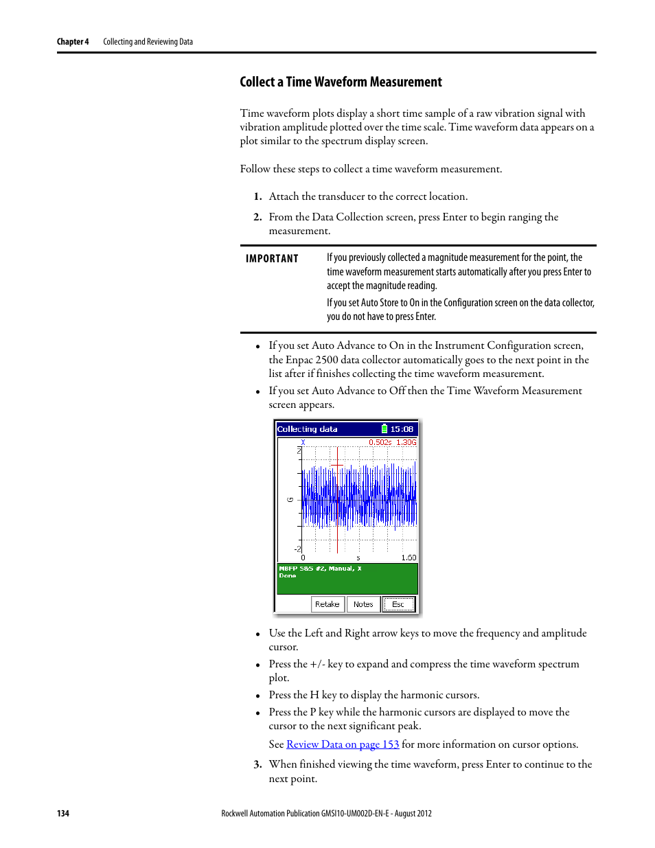 Collect a time waveform measurement | Rockwell Automation 1441-PEN25-Z Enpac 2500 Data Collector User Manual | Page 134 / 332