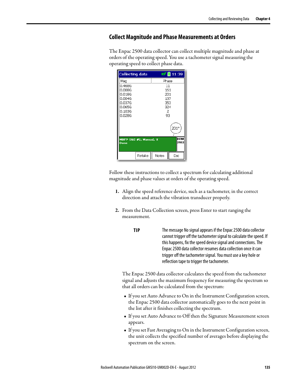 Collect magnitude and phase measurements at orders | Rockwell Automation 1441-PEN25-Z Enpac 2500 Data Collector User Manual | Page 135 / 332