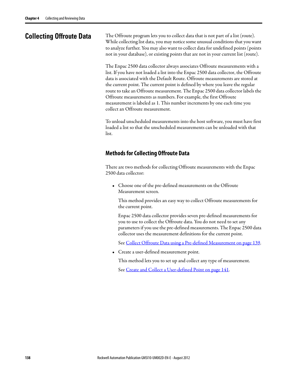 Collecting offroute data, Methods for collecting offroute data | Rockwell Automation 1441-PEN25-Z Enpac 2500 Data Collector User Manual | Page 138 / 332