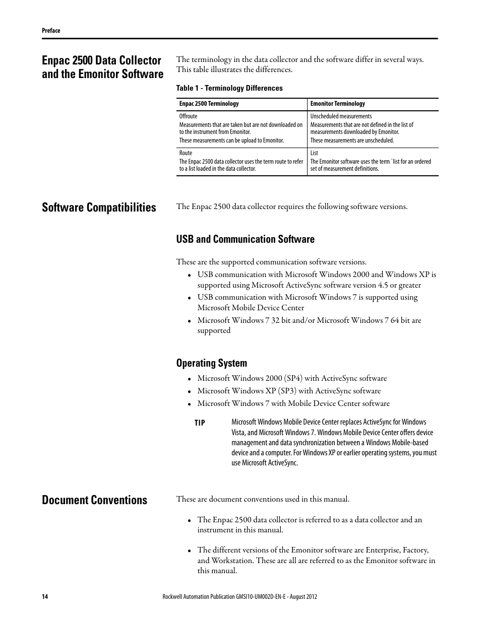 Software compatibilities, Usb and communication software, Operating system | Document conventions, Usb and communication software operating system | Rockwell Automation 1441-PEN25-Z Enpac 2500 Data Collector User Manual | Page 14 / 332