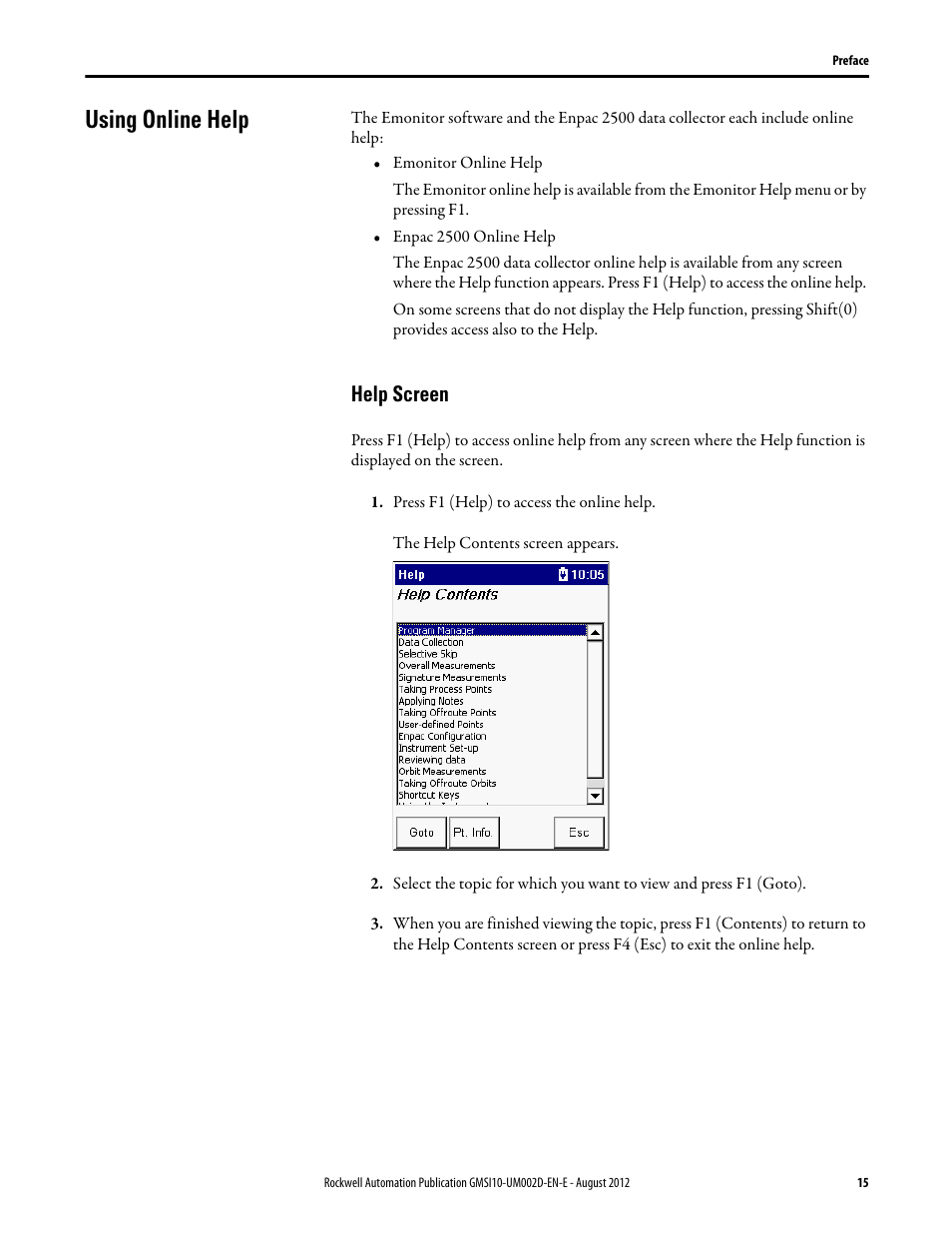 Using online help, Help screen | Rockwell Automation 1441-PEN25-Z Enpac 2500 Data Collector User Manual | Page 15 / 332
