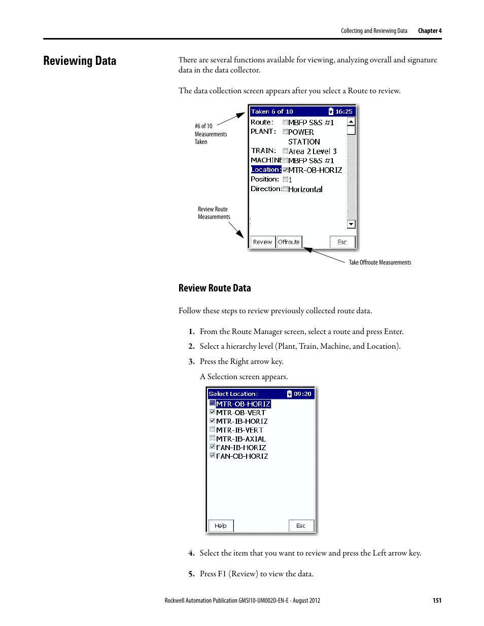 Reviewing data, Review route data | Rockwell Automation 1441-PEN25-Z Enpac 2500 Data Collector User Manual | Page 151 / 332