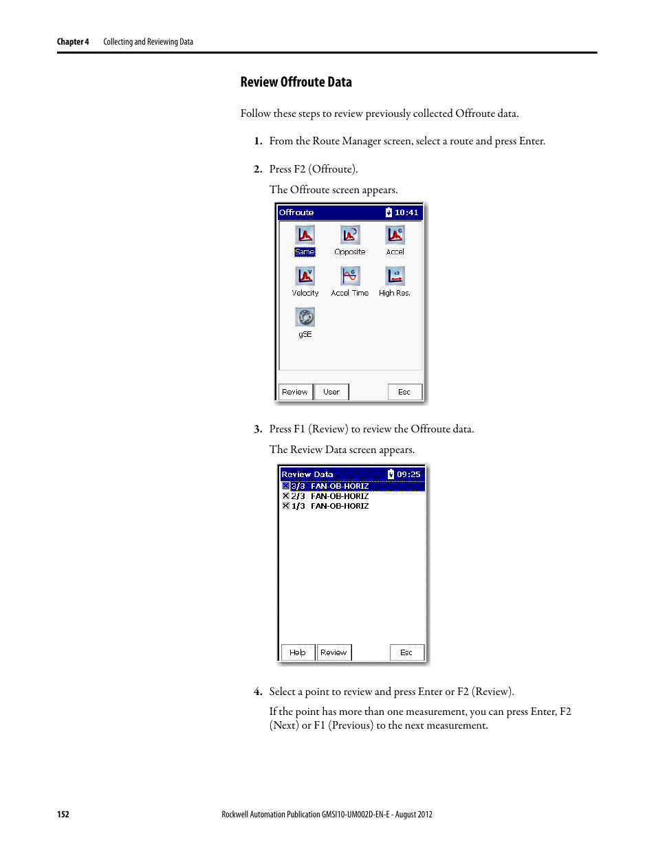 Review offroute data | Rockwell Automation 1441-PEN25-Z Enpac 2500 Data Collector User Manual | Page 152 / 332