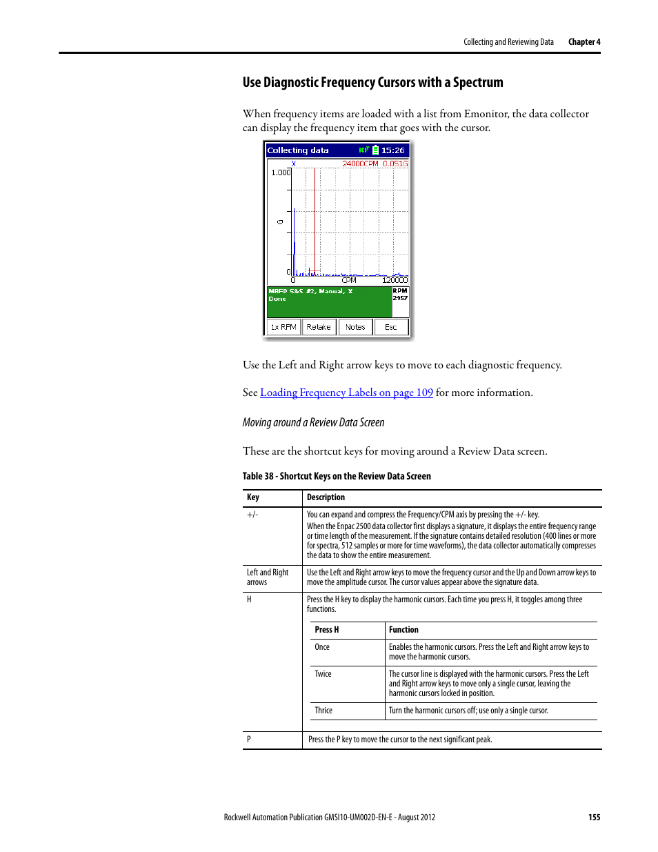 Use diagnostic frequency cursors with a spectrum | Rockwell Automation 1441-PEN25-Z Enpac 2500 Data Collector User Manual | Page 155 / 332