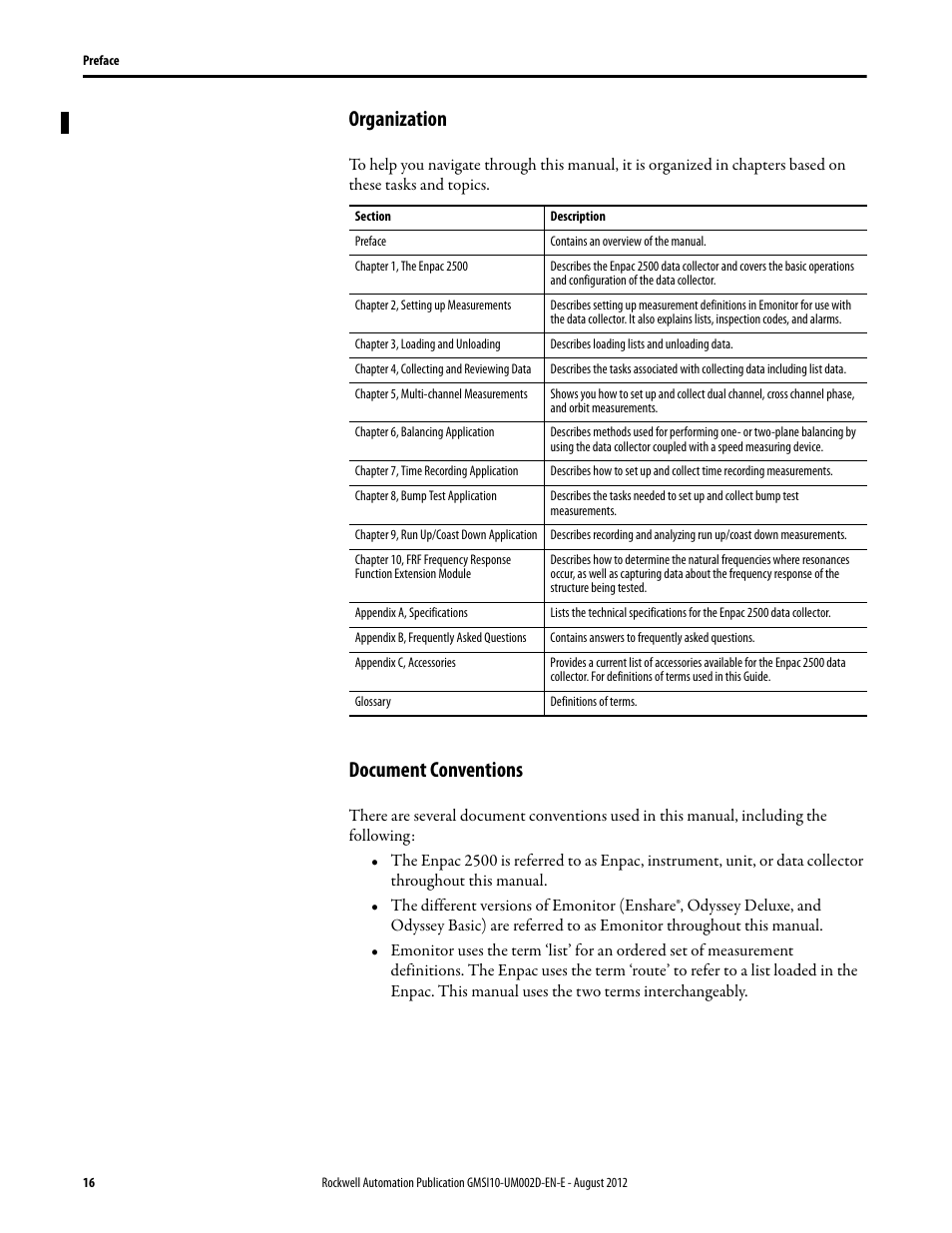 Organization, Document conventions, Organization document conventions | Rockwell Automation 1441-PEN25-Z Enpac 2500 Data Collector User Manual | Page 16 / 332