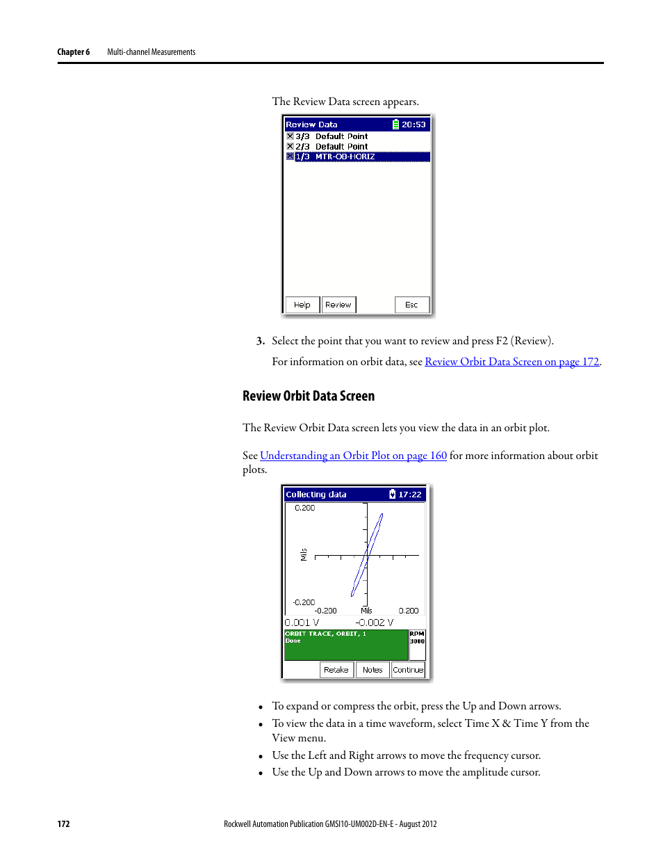Review orbit data screen | Rockwell Automation 1441-PEN25-Z Enpac 2500 Data Collector User Manual | Page 172 / 332